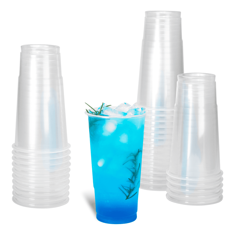 Clear Karat 32oz PP Plastic Cold Cups stacked and with blue drink