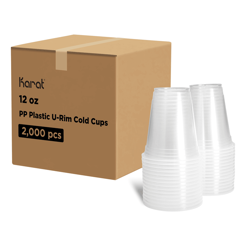 Karat 12oz PP Plastic U-Rim Cold Cups stacked with packaging