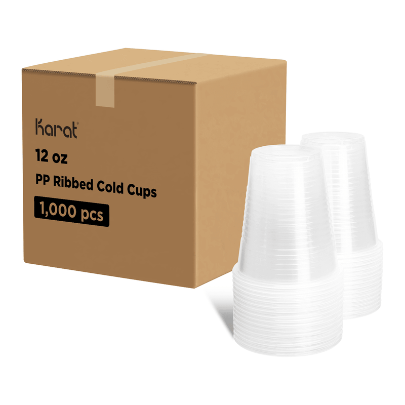 Karat 12oz PP Plastic Ribbed Cold Cups stacked next to packaging