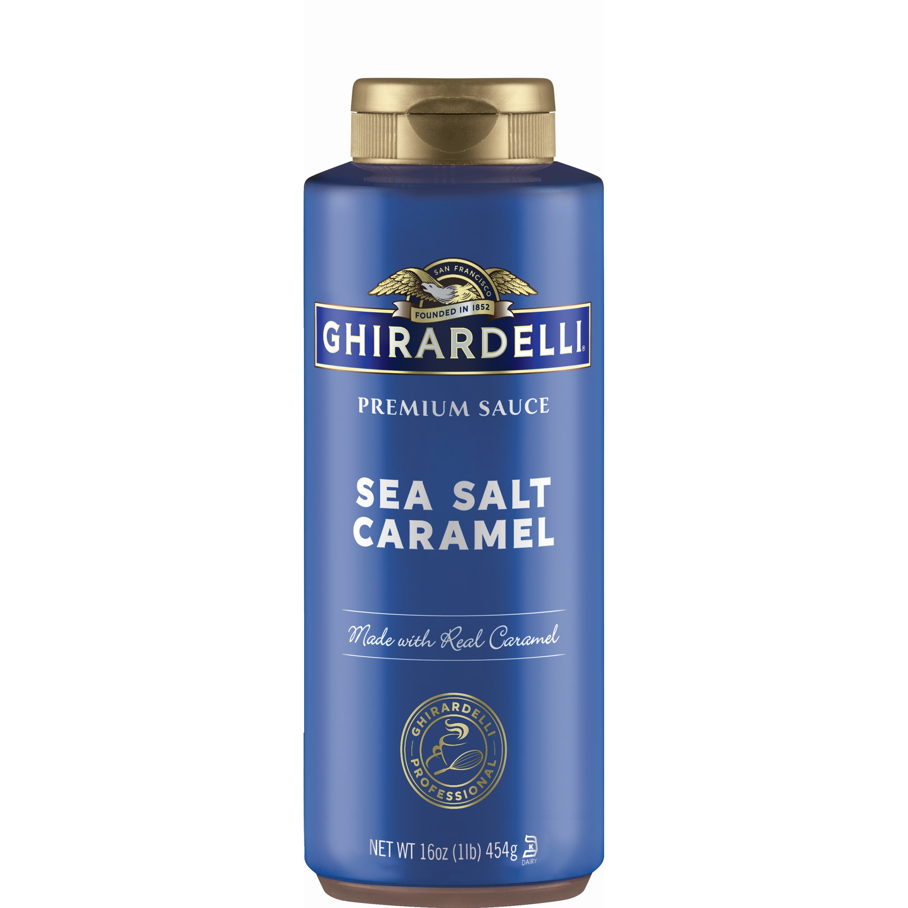 Blue 16 fluid ounce Ghirardelli Sea Salt Caramel Sauce Squeeze Bottle