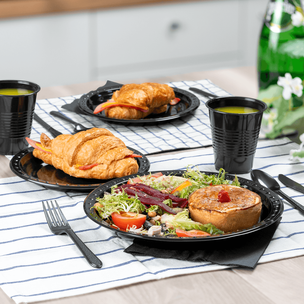 [25 sets] Black Party Dinnerware Set | Plate, Cup, Fork, Knife, Spoon ...