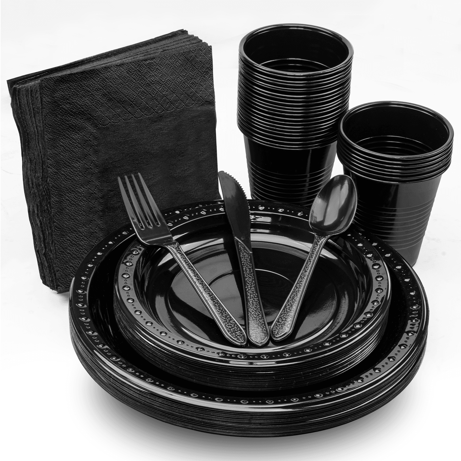 Karat Party Dinnerware Set (Plate, Cup, Fork, Knife, Spoon, Napkin), Black - 25 sets