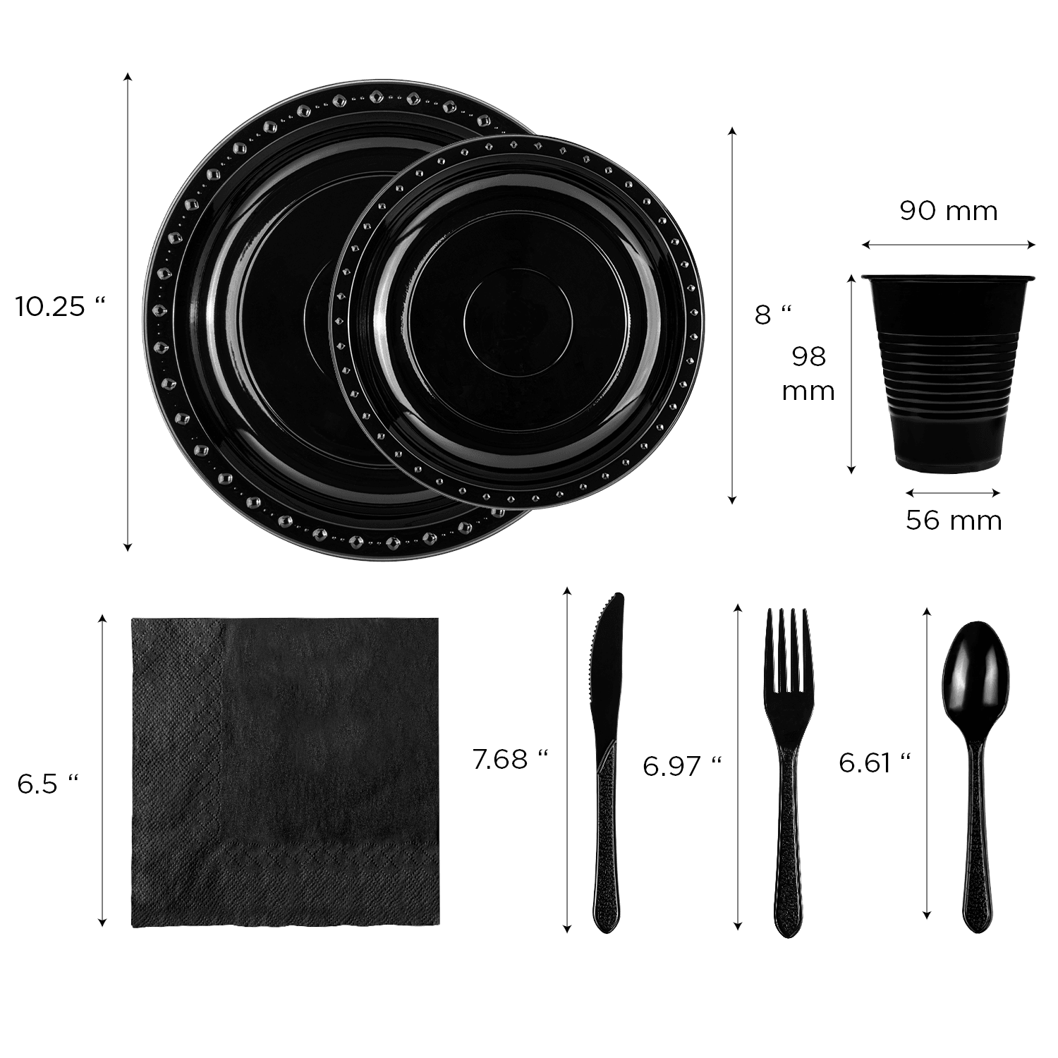 Karat Party Dinnerware Set (Plate, Cup, Fork, Knife, Spoon, Napkin), Black - 25 sets