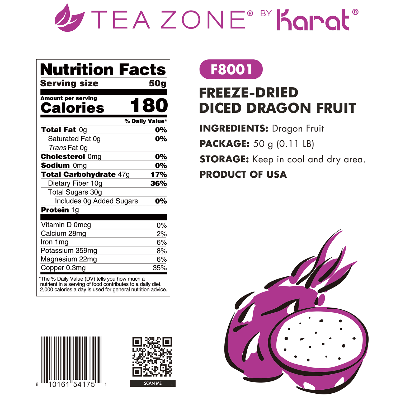 Tea Zone Freeze-Dried Dragon Fruit, Diced - Case of 12 bags