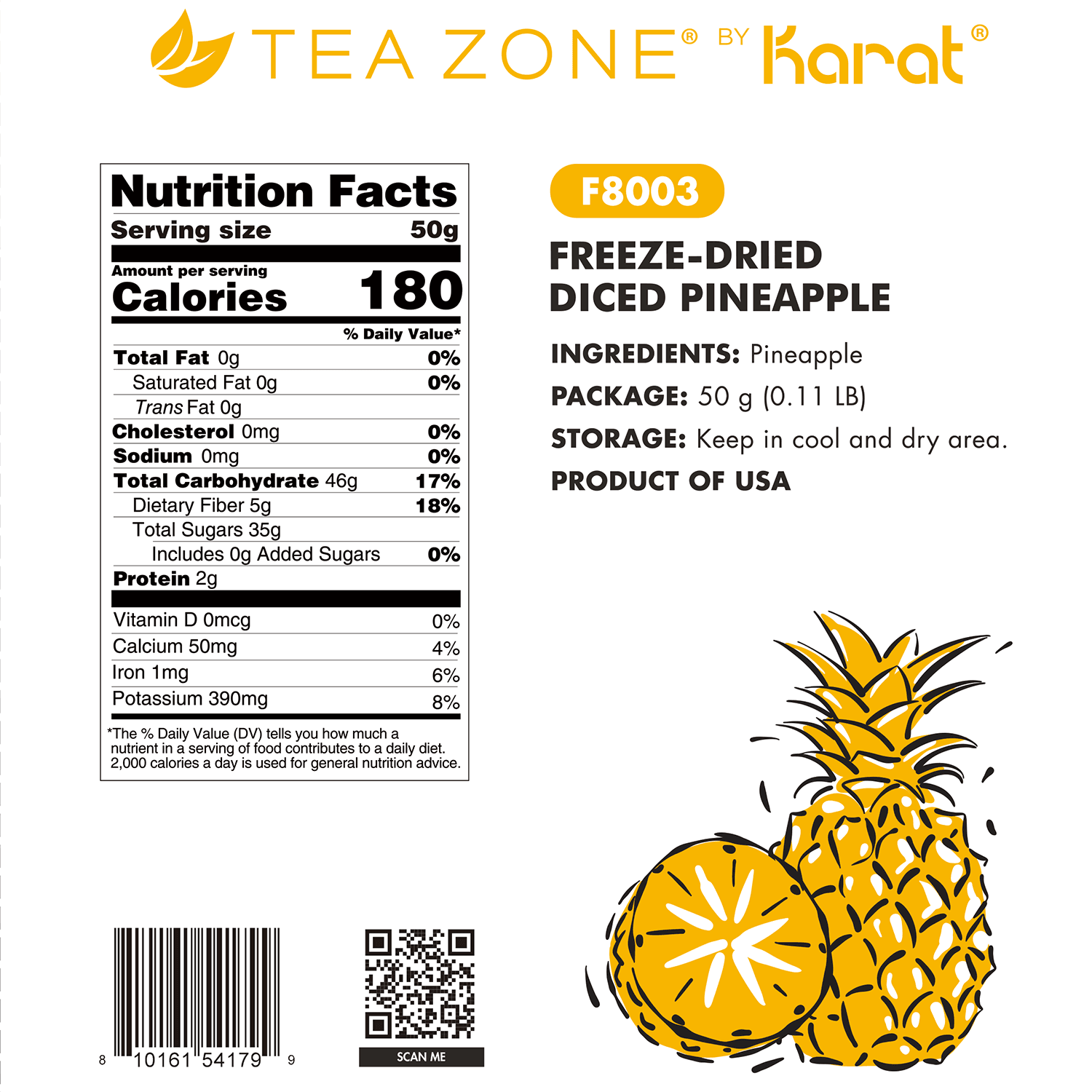 Tea Zone Freeze-Dried Pineapple, Diced - Case of 12 bags