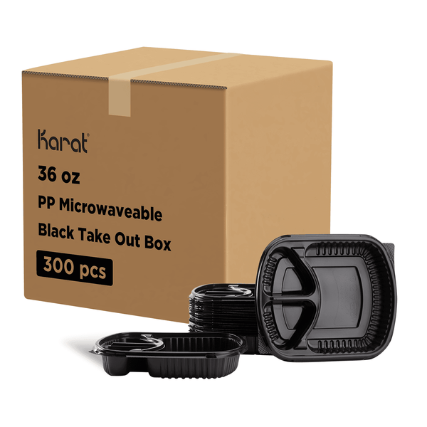 Karat 36 oz PP Plastic Microwaveable Black Take Out Box with 3 compartments stacked next to packaging