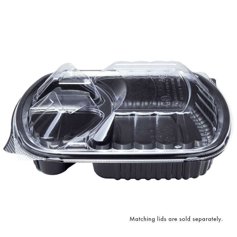 Karat 36 oz PP Plastic Microwaveable Black Take Out Box with 3 compartments with matching clear lid