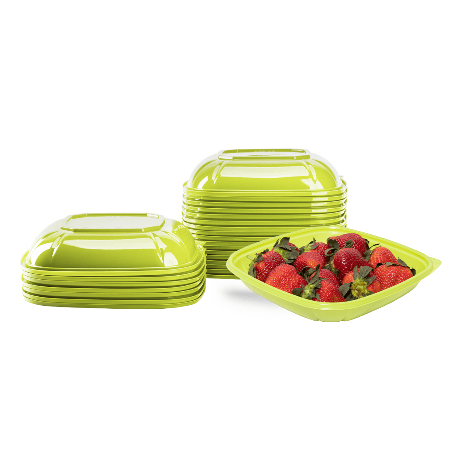 Green Karat 24oz PET Square Bowl with strawberries