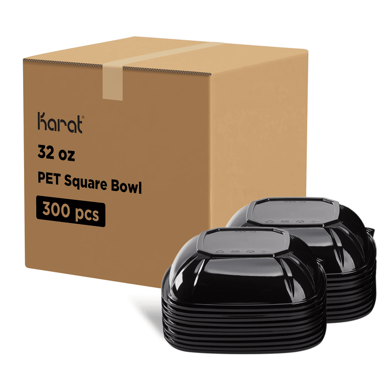 Black Karat 32oz PET Square Bowl stacked next to packaging