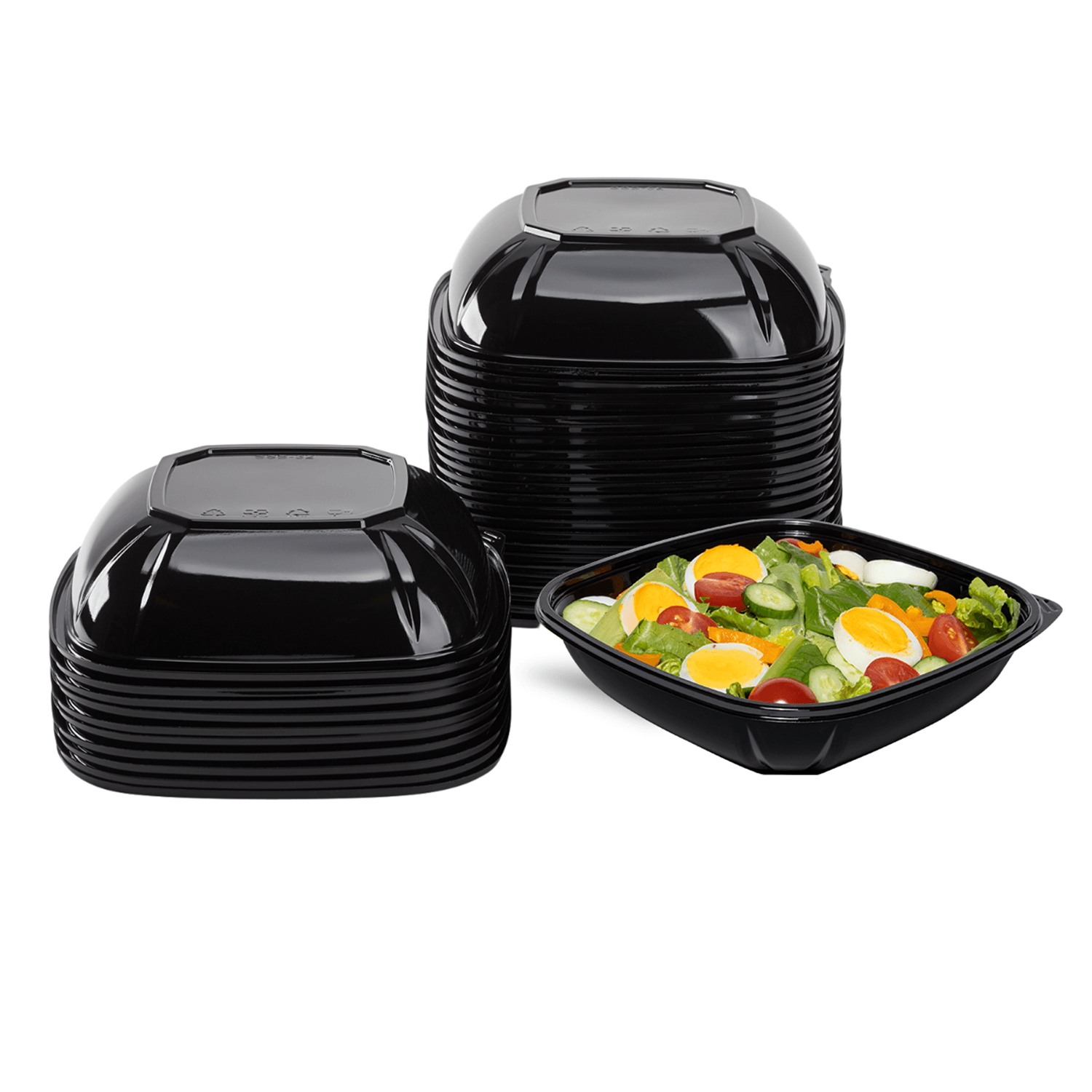 Black Karat 32oz PET Square Bowl stacked with salad