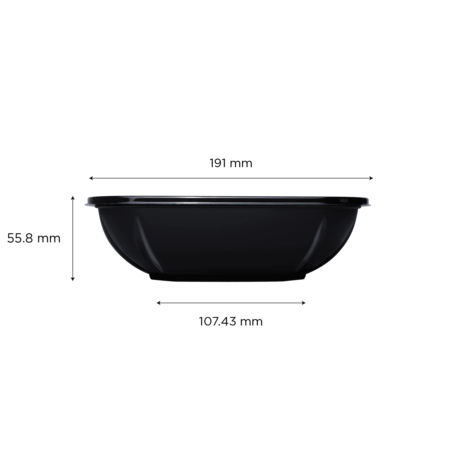 Black Karat 32oz PET Square Bowl with dimensions