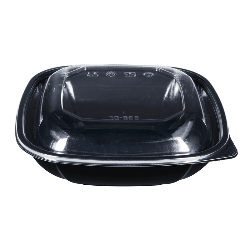 Black Karat 32oz PET Square Bowl with clear matching lid