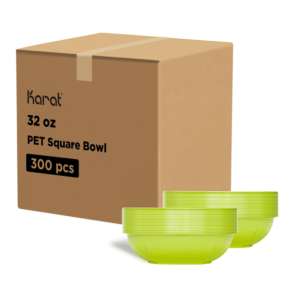 Green Karat 32oz PET Square Bowls stacked next to packaging