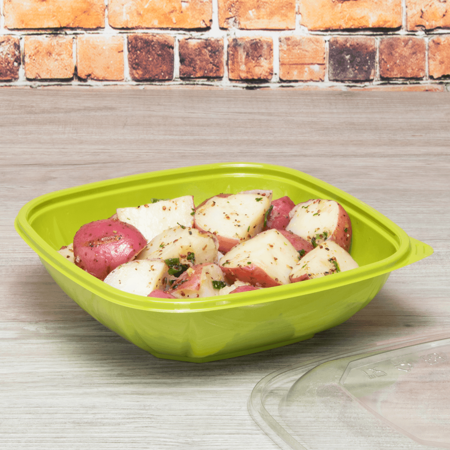 Green Karat 32oz PET Square Bowl with red potatoes