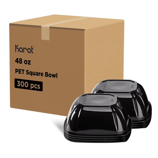 Black Karat 48oz PET Square Bowl stacked next to packaging