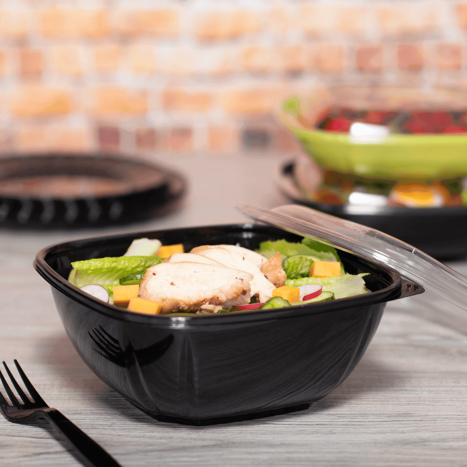300 ct] 48 oz Square Disposable Salad Bowl | PET | Black