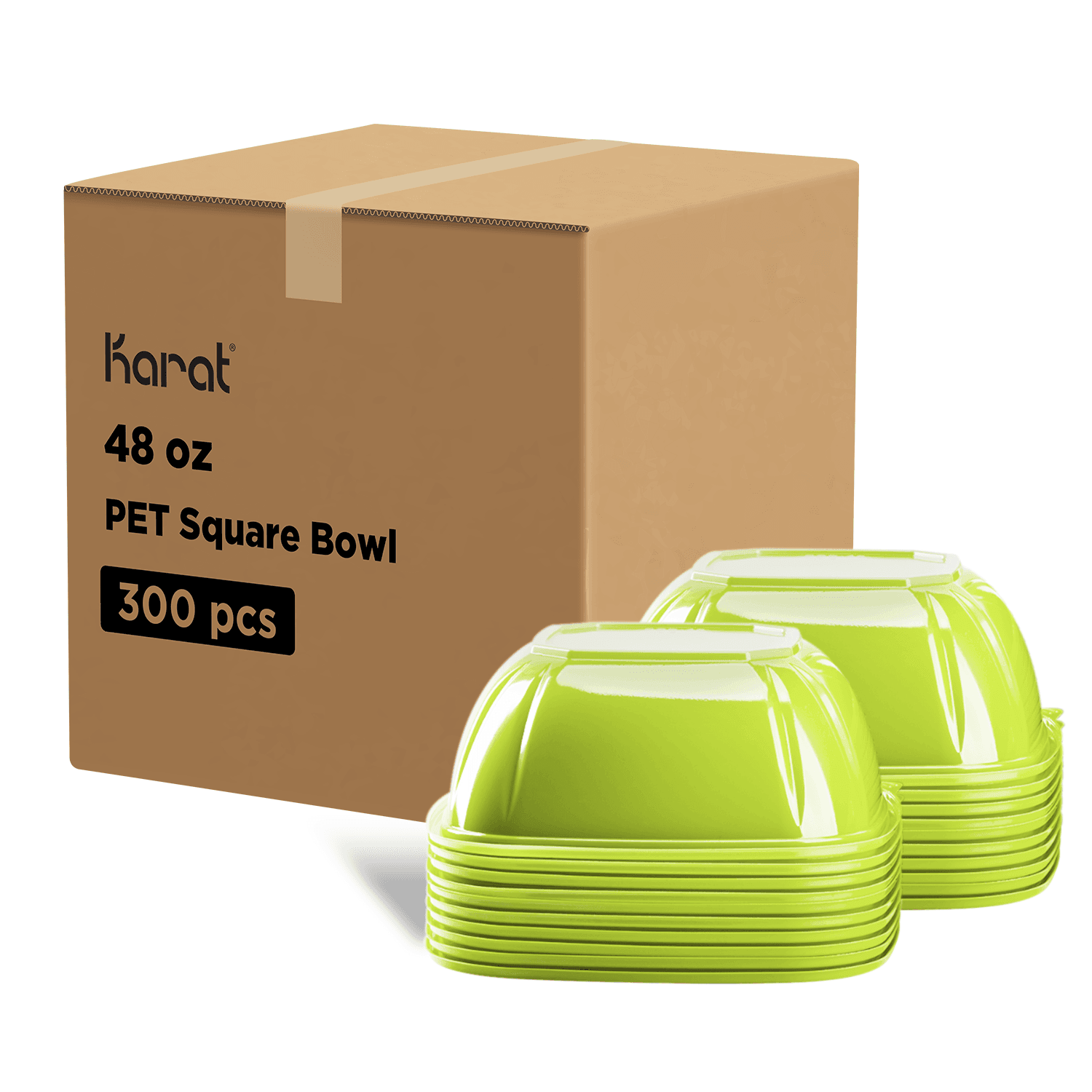 Green Karat 48oz PET Square Bowl stacked with packaging