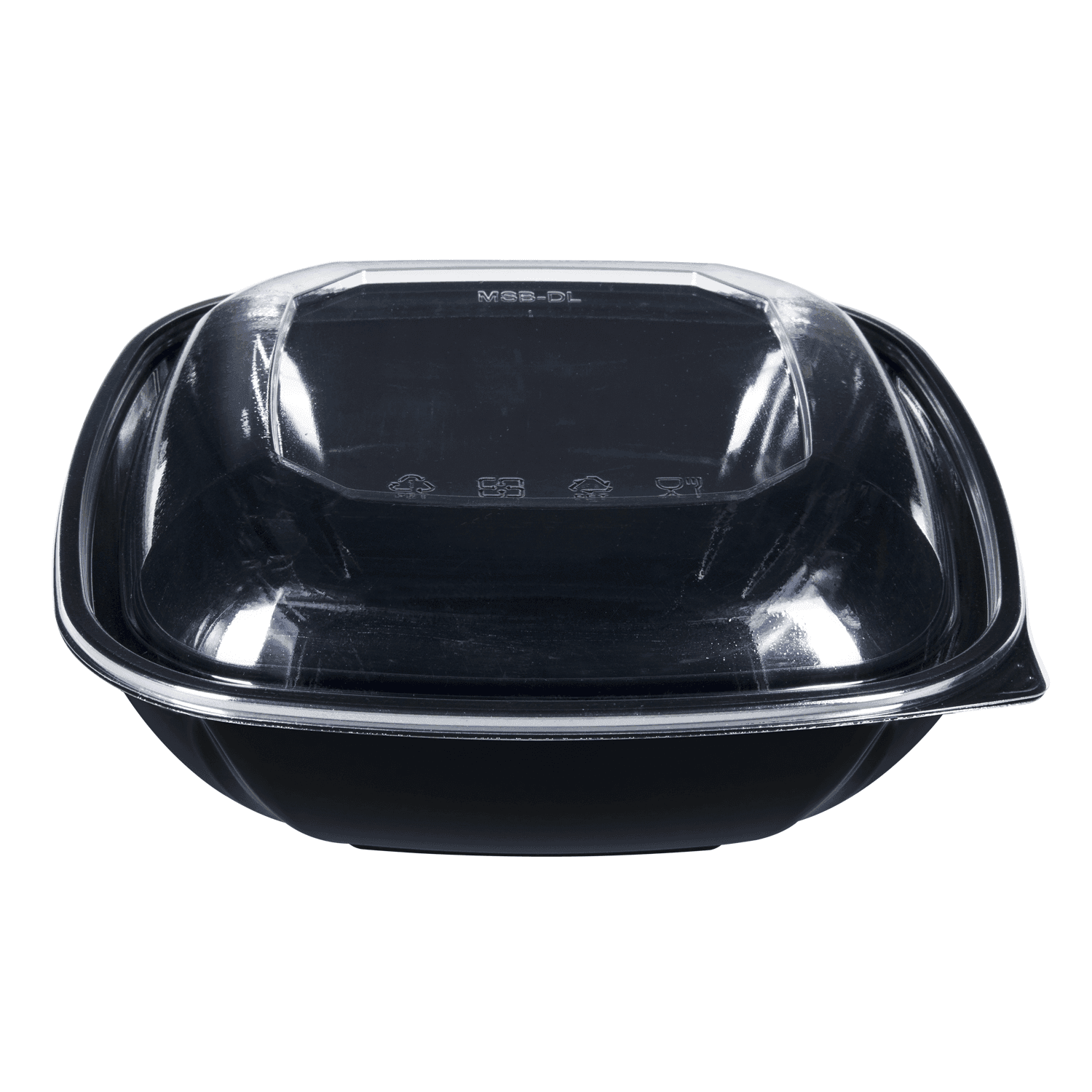 Black Karat 64oz PET Square Bowl with clear lid