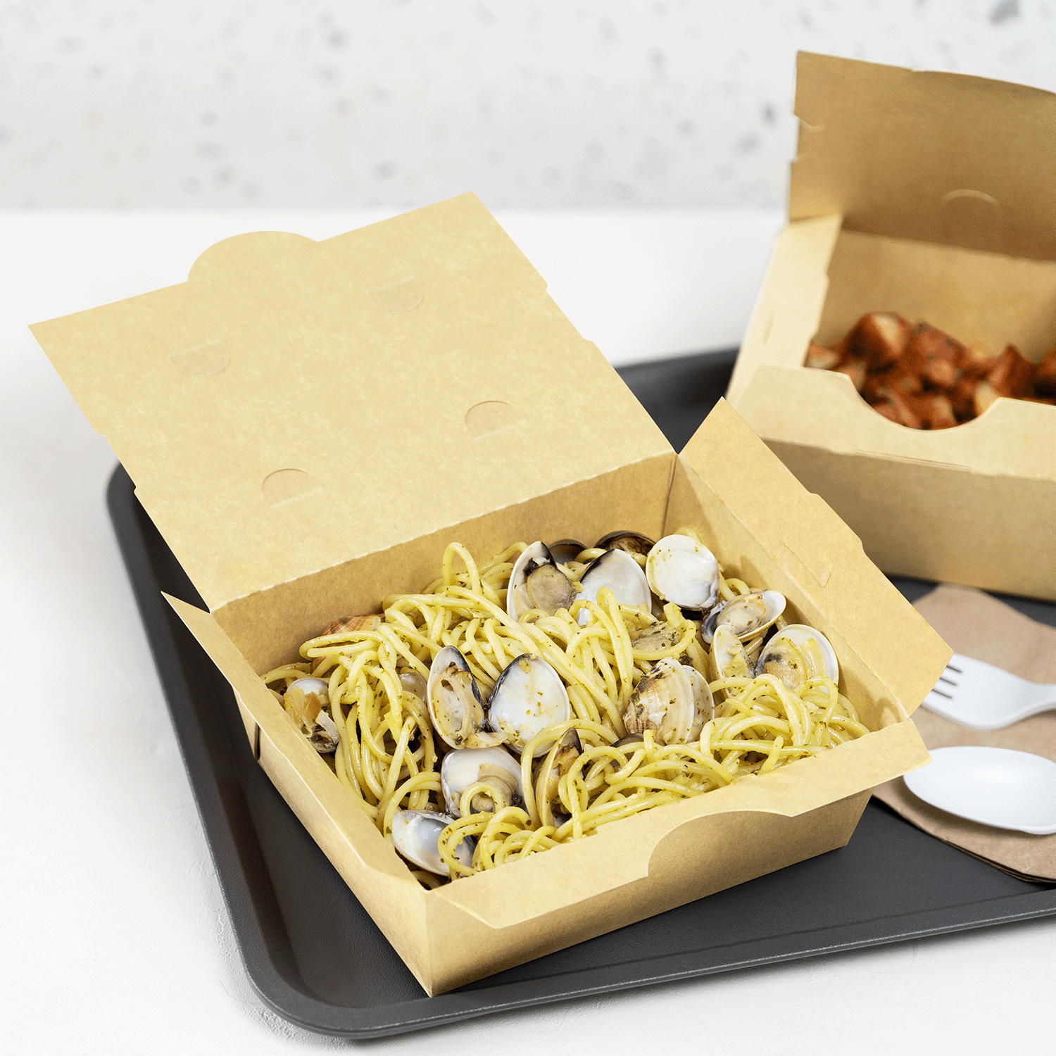 [300 ct] Paper Folding Take-Out Container | Vented Holes | 45 fl. oz | Kraft