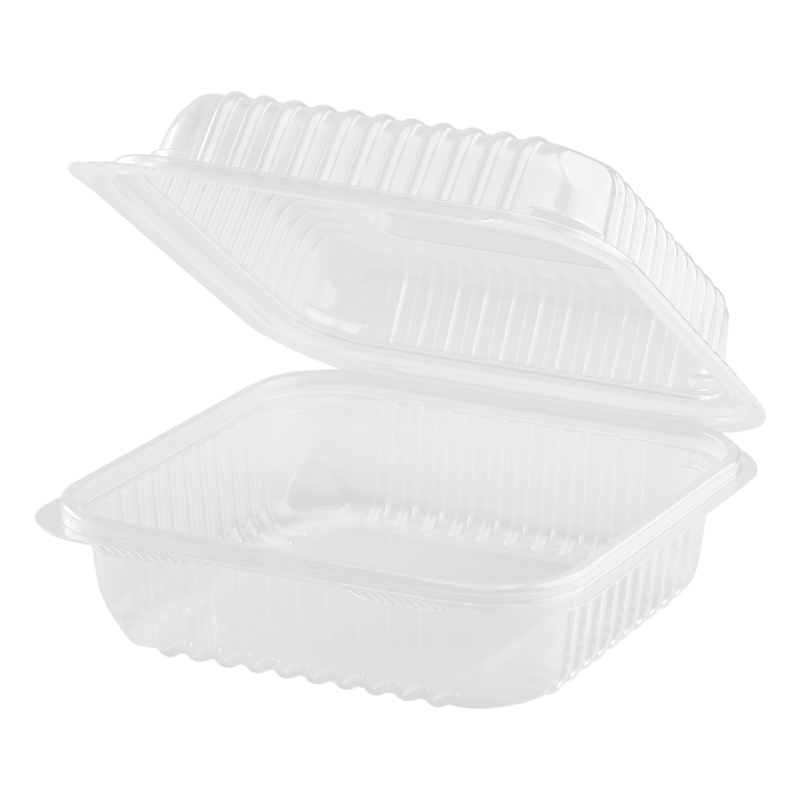 Karat 7'' x 7" PP Plastic Hinged Container, Clear - 250 pcs