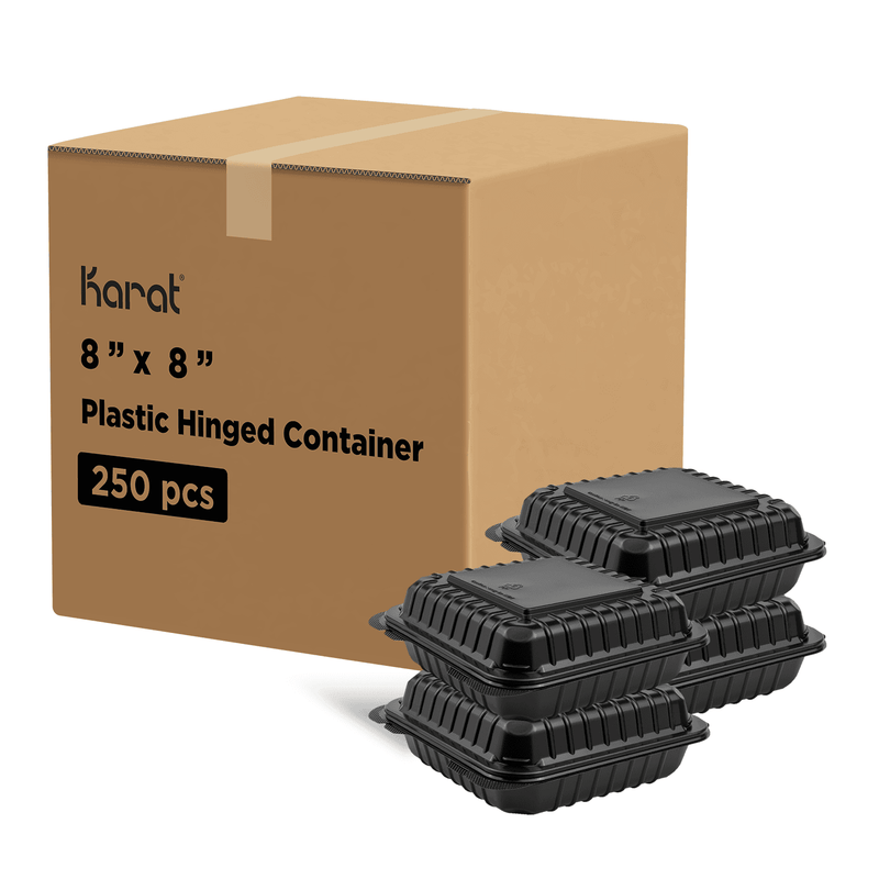 Karat 8'' x 8" Black PP Hinged Container, Black - 250 pcs