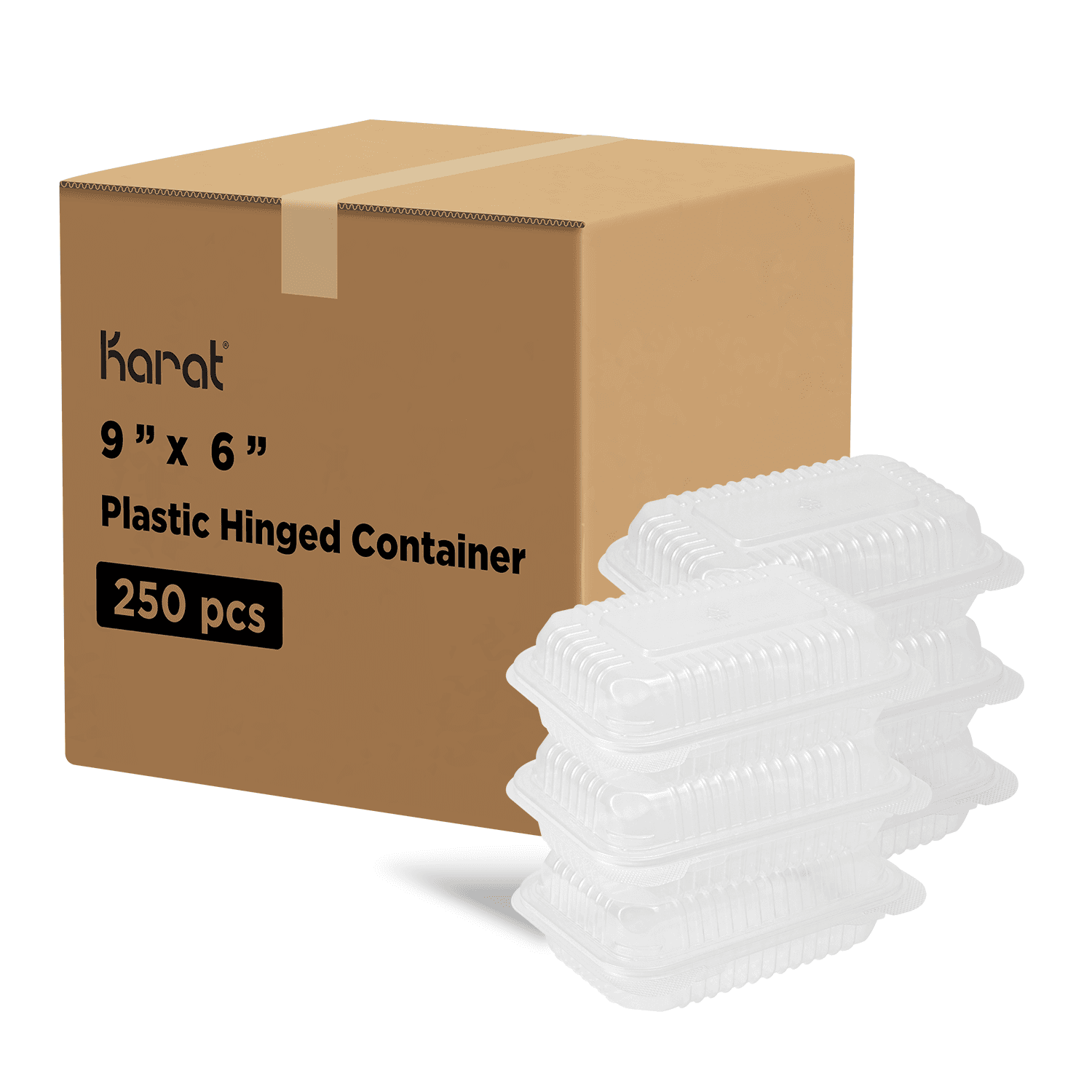 Clear Karat 9'' x 6" PP Plastic Hinged Container stacked next to packaging