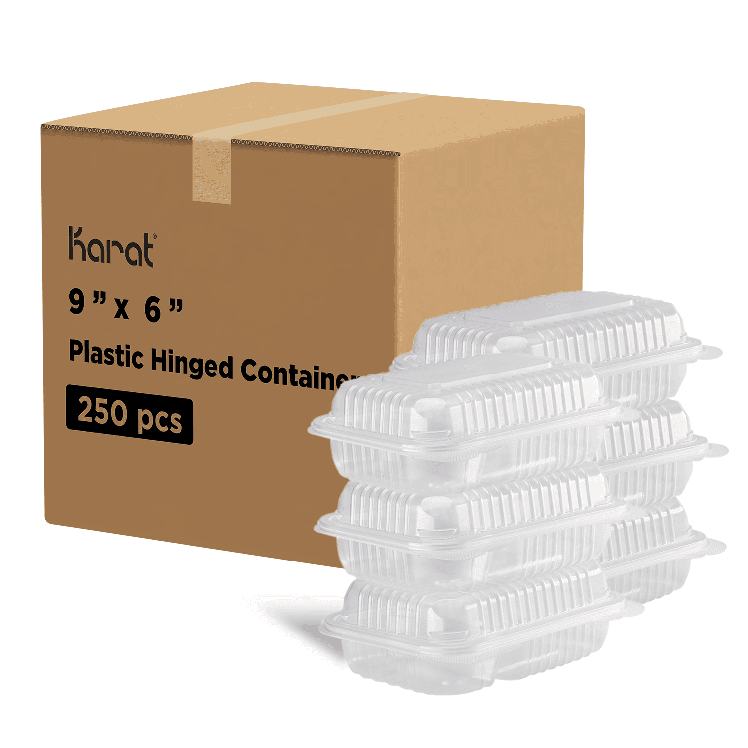 Karat 9'' x 6" PP Plastic Hinged Containers with 2 Compartments next to packaging