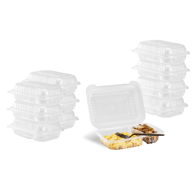 2 Compartment Clamshell Food Container - 9x6 Divided Hinged