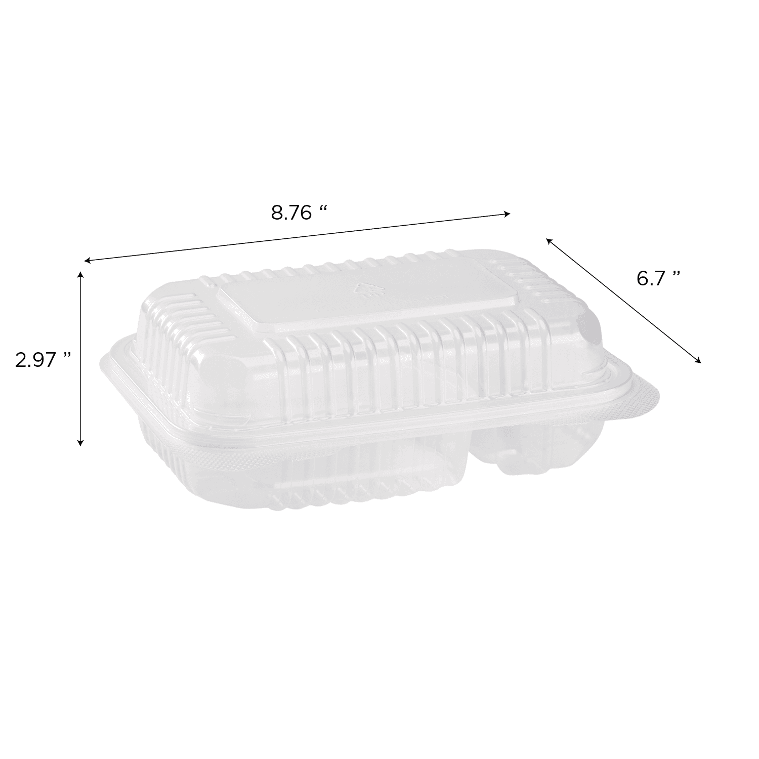 Karat 9'' x 6" PP Plastic Hinged Containers with 2 Compartments with dimensions