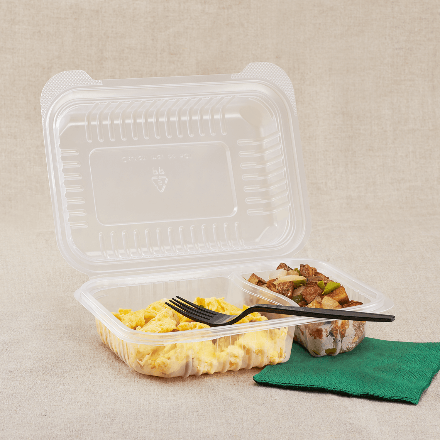 Karat 9'' x 6" PP Plastic Hinged Containers with 2 Compartments and food inside