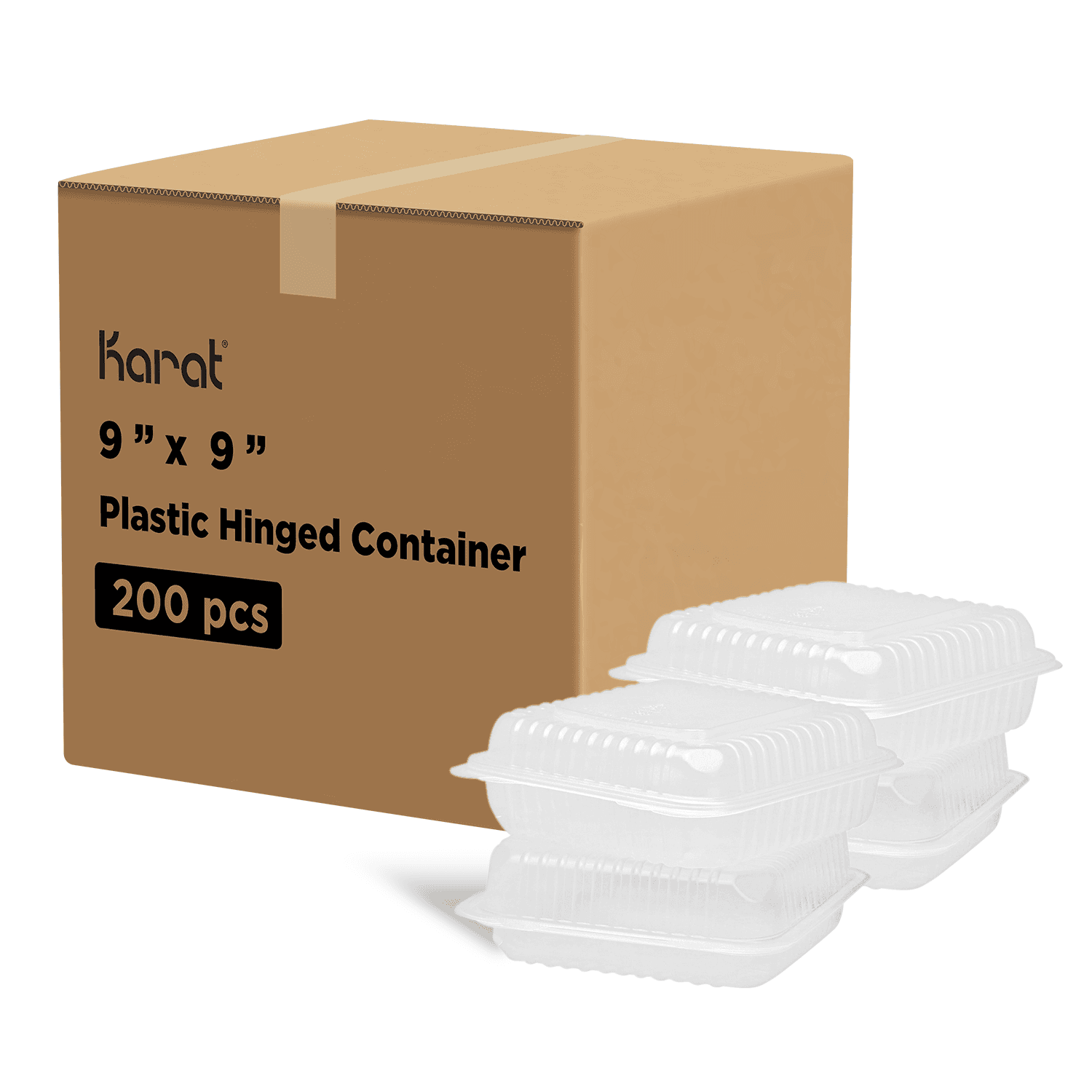 Clear Karat 9"x 9" PP Plastic Hinged Containers stacked next to packaging