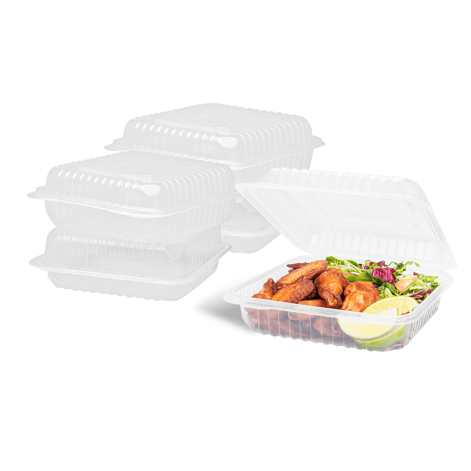 Karat 9"x 9" PP Plastic Hinged Containers stacked and one with food open