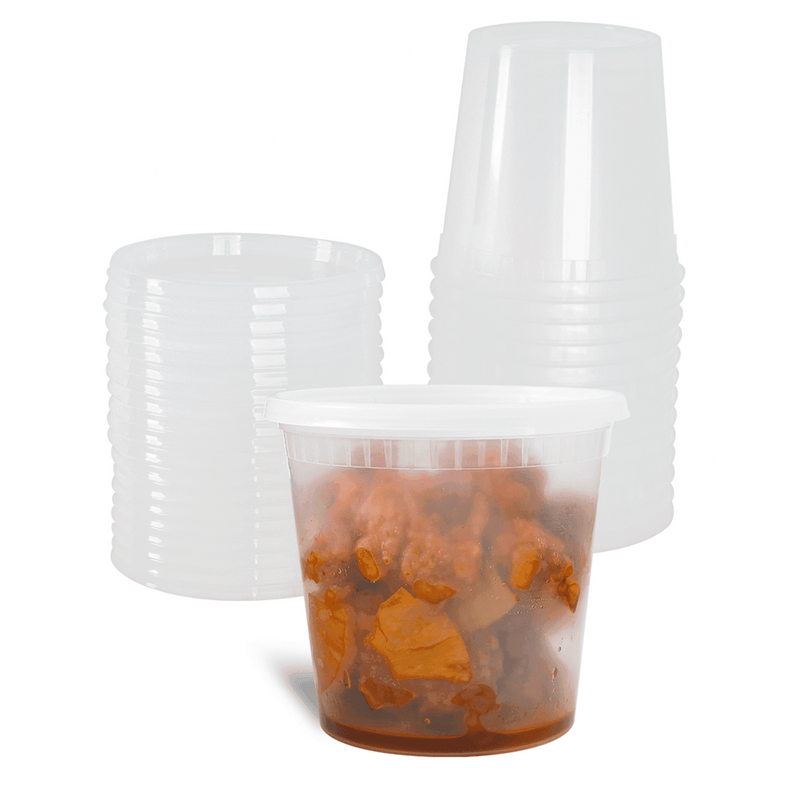 Karat 24oz PP Plastic Injection Molded Deli Containers & Lids stacked and with orange chicken