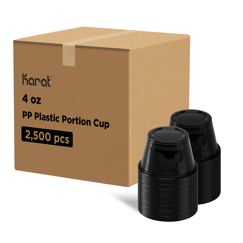 Black Karat 4 oz PP Plastic Portion Cups stacked next to packaging