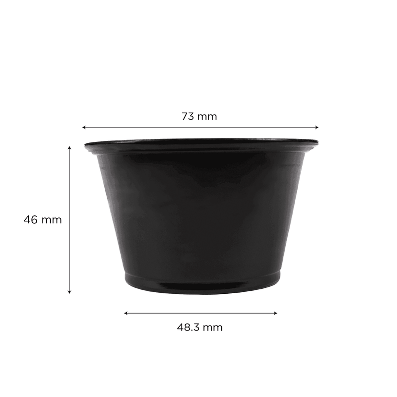 Black Karat 4 oz PP Plastic Portion Cups with dimensions