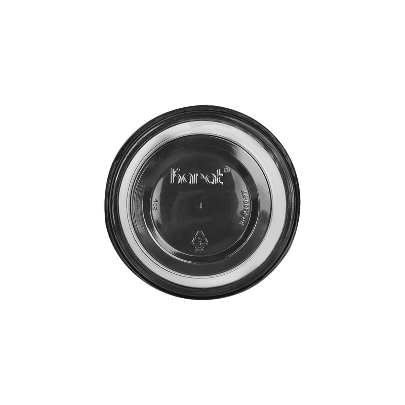 Black Karat 4 oz PP Plastic Portion Cups from below with branding