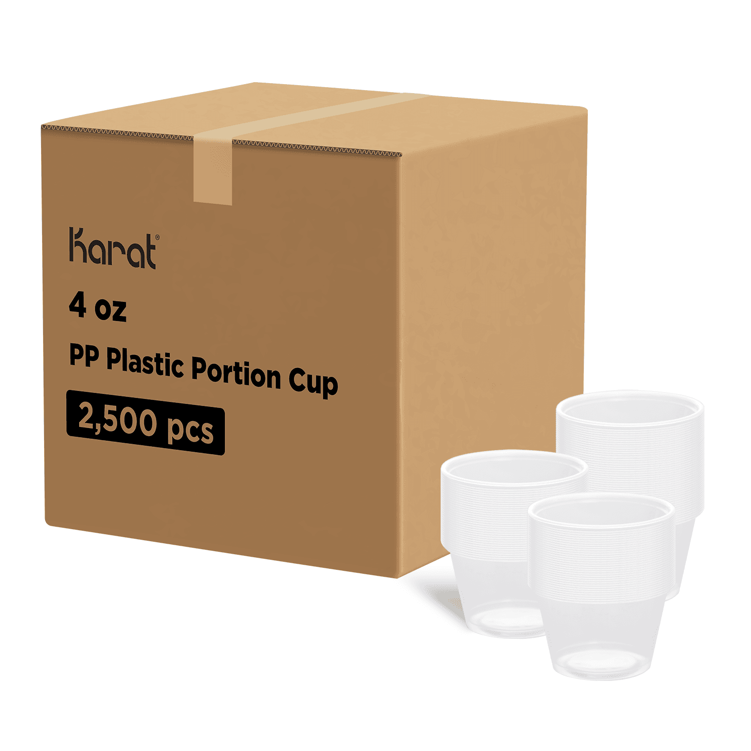 Clear Karat 4 oz PP Plastic Portion Cups stacked next to packaging