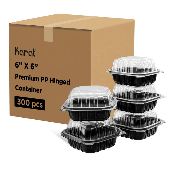 Karat 6"x 6" Premium PP Hinged Containers stacked next to cardboard box
