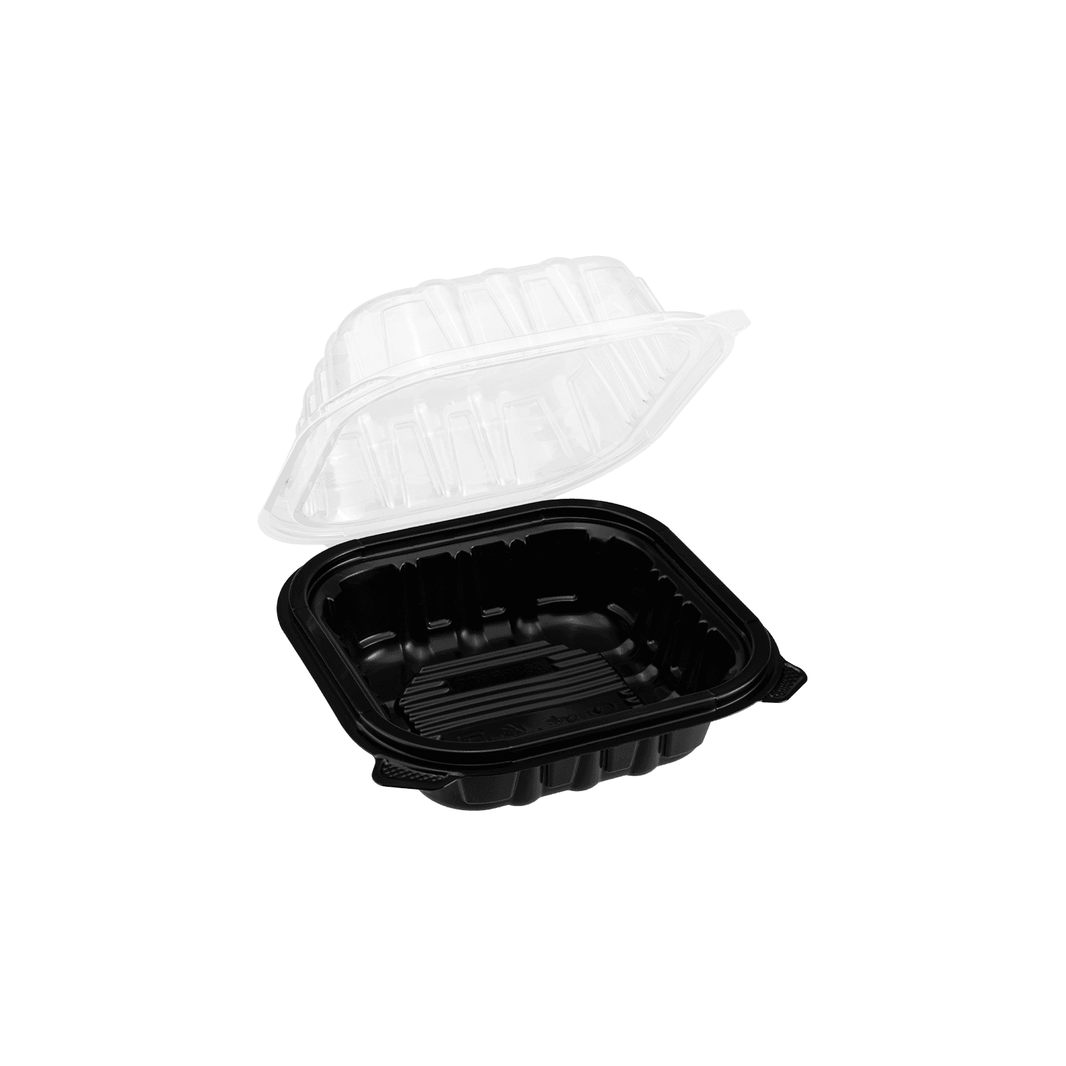 6"x6" Microwavable Black Base Hinged Clear Lid Container 1 Compartment