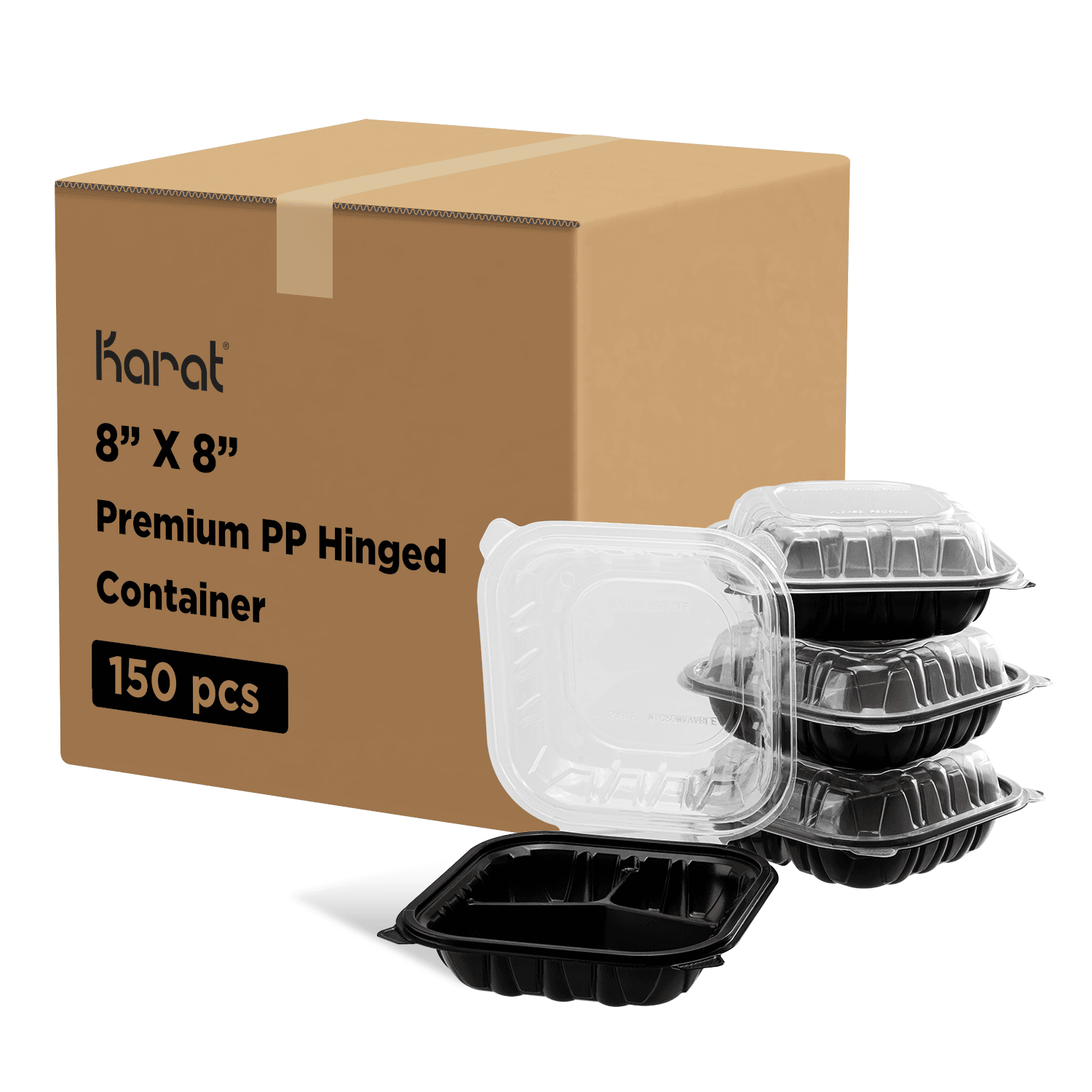 Karat 8"x 8" Premium PP Hinged Container, 3 compartments - 150 pcs
