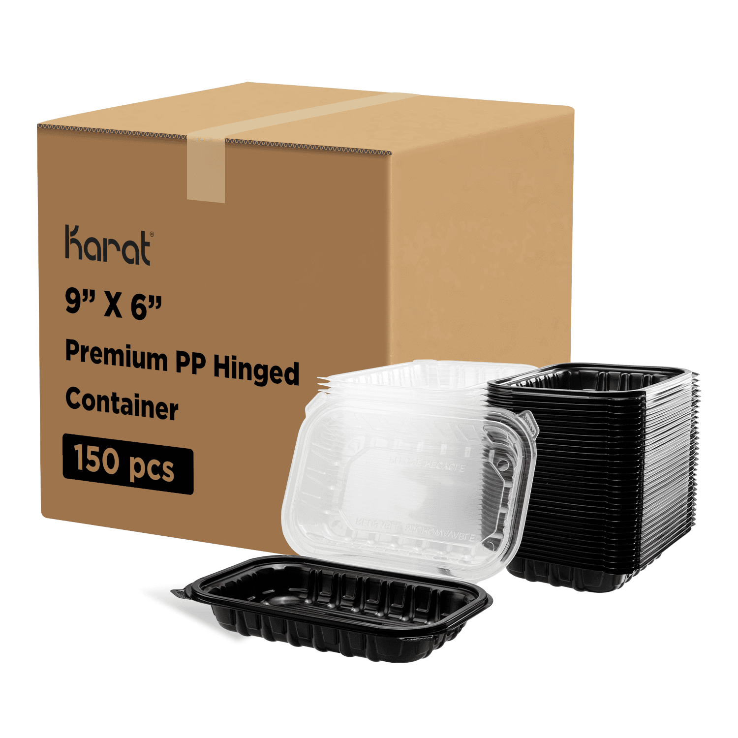 Karat 9"x 6" Premium PP Hinged Container stacked next to packaging