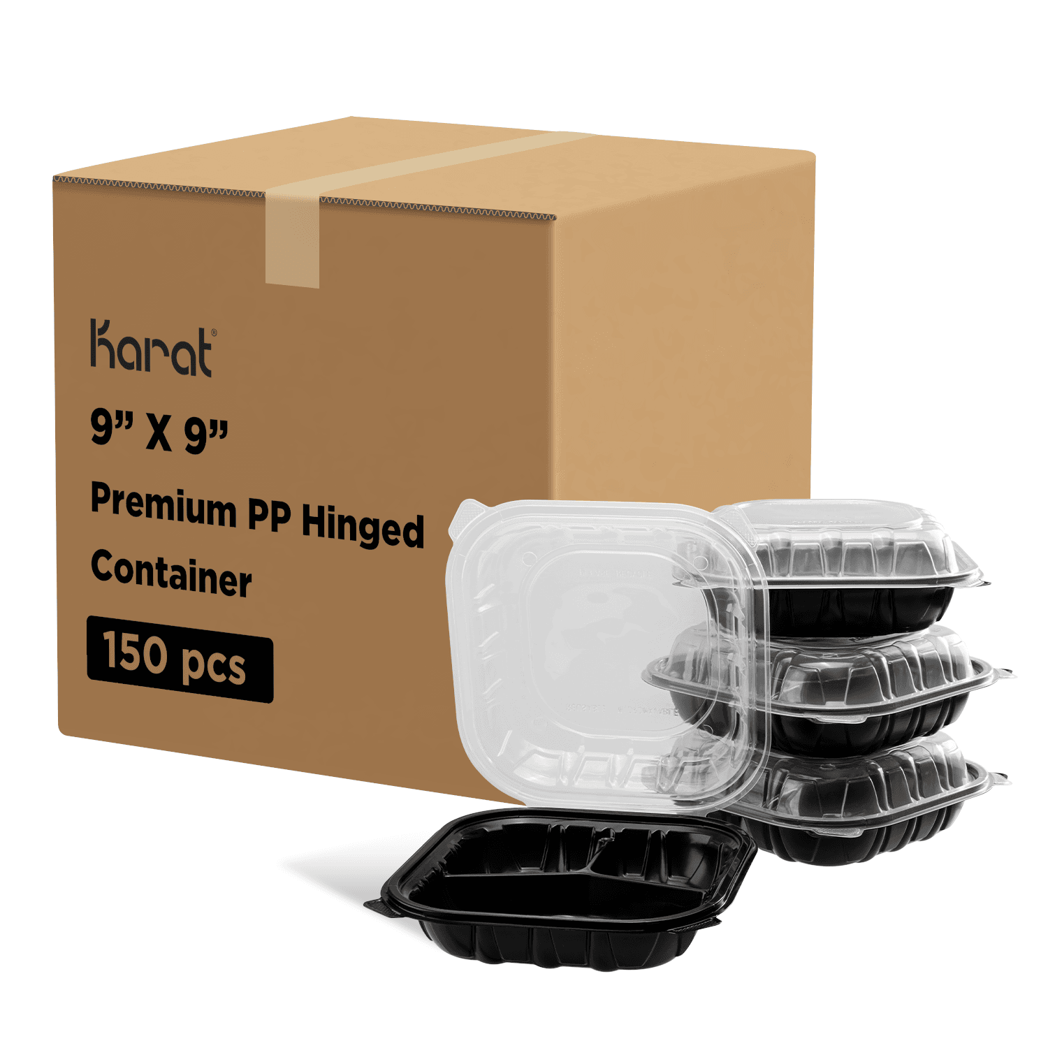 Karat 9"x 9" Premium PP Hinged Container with 3 Compartments next to packaging