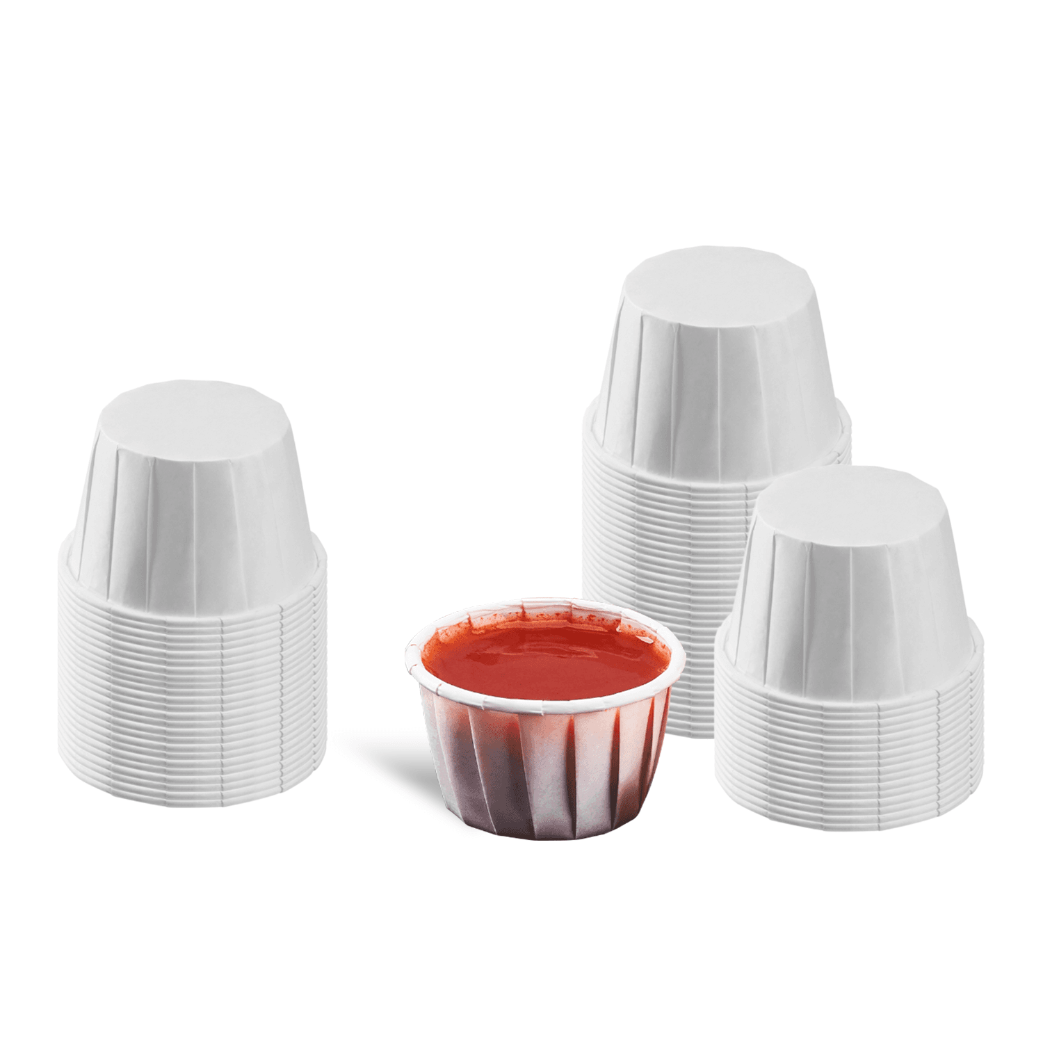 Karat 1.25 oz Paper Portion Cups stacked and one with ketchup