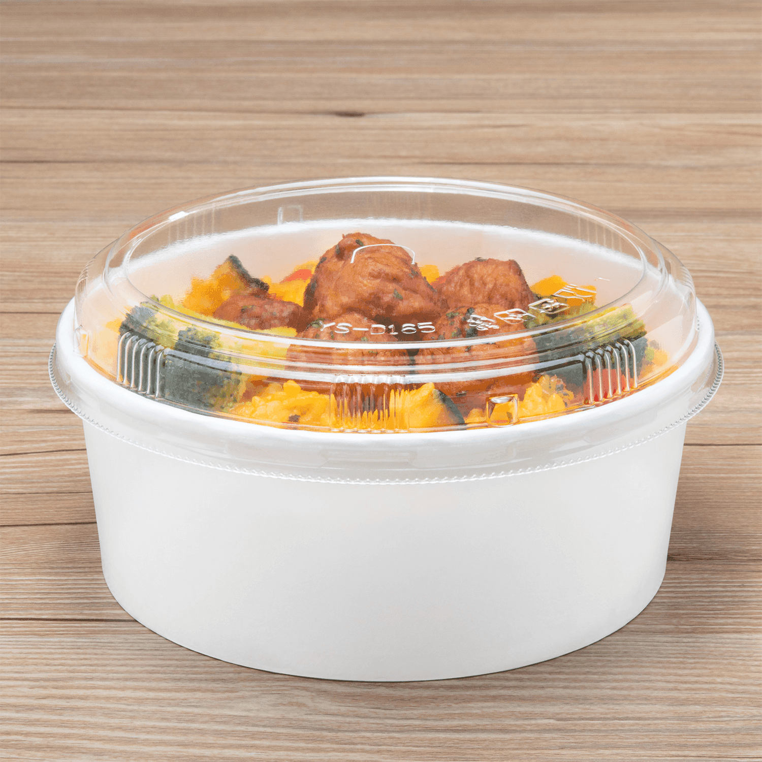 White Karat 32oz Paper Short Buckets with chicken and rice inside and lid on top