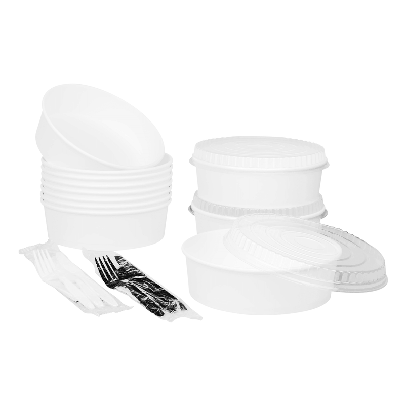 Karat 48oz Paper Short Buckets stacked with utensils and matching clear lid