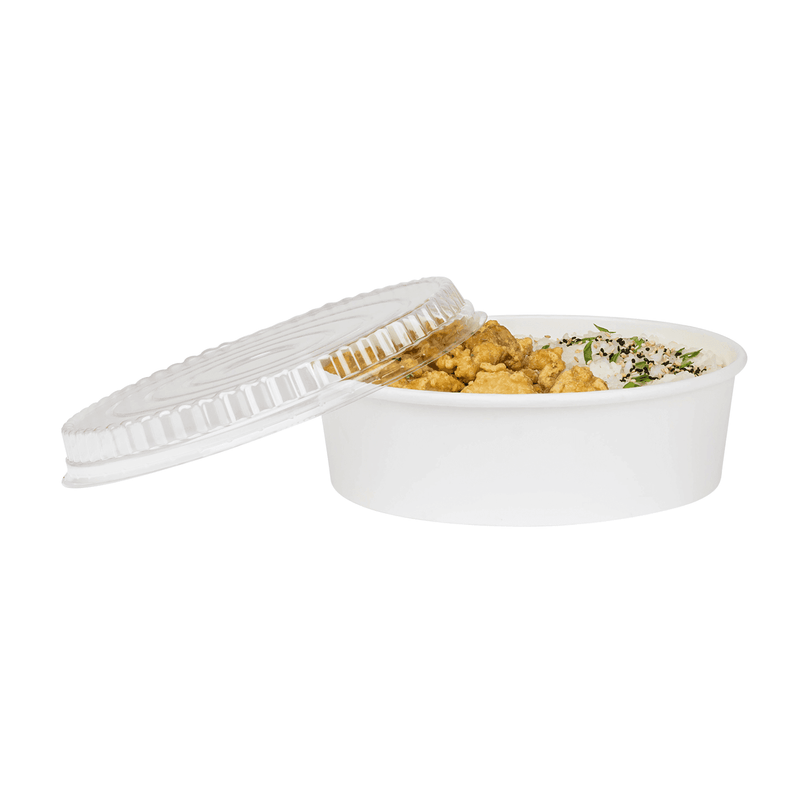 Karat 48oz Paper Short Buckets with chicken and rice and clear lid to the side