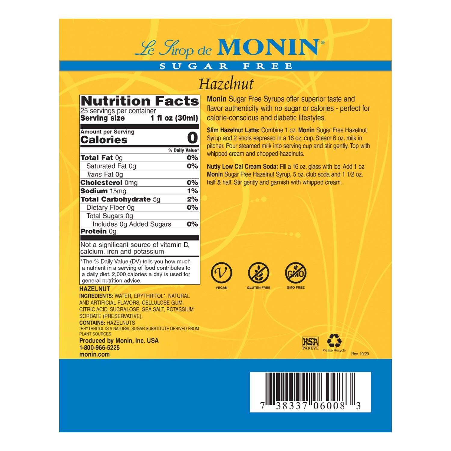Monin Sugar Free Hazelnut Syrup - Bottle (750mL)