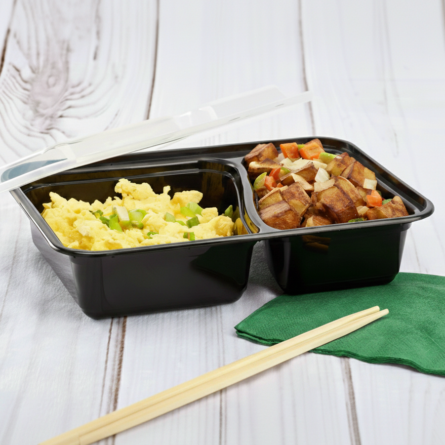 [150 sets] 30 oz PP Plastic Microwavable Rectangular Food Containers & Lids, Black, 2 Compartments