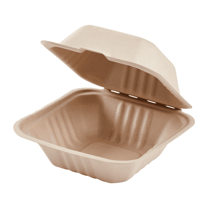 6x6x3 BIODEGRADABLE COMPOSTABLE BAGASSE PULP HINGED CONTAINERS 500C — P  Plus Packaging