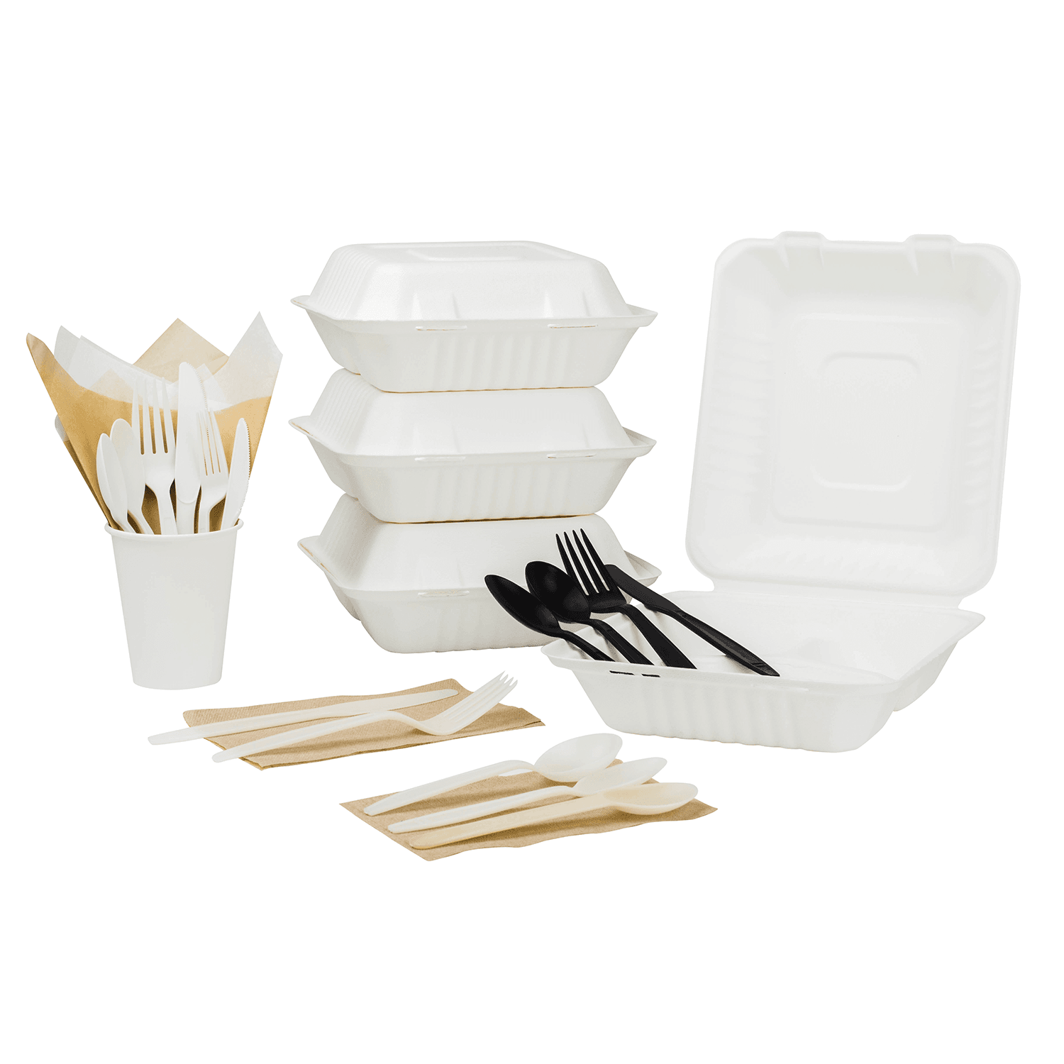 Karat Earth 8''x8'' PFAS Free Compostable Bagasse Hinged Containers, White, 3 Compartments - 200 pcs